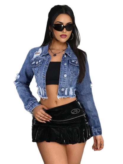 Valentina Cropped Denim Jacket with Stylish Distressed Details in Blue - Blue