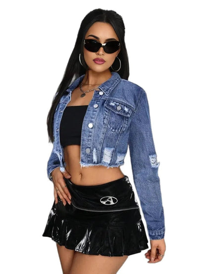 Valentina Cropped Denim Jacket with Stylish Distressed Details in Blue - Blue