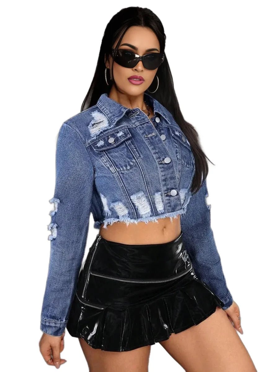 Valentina Cropped Denim Jacket with Stylish Distressed Details in Blue - Blue