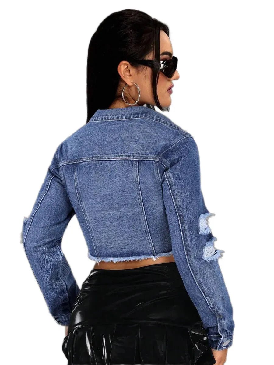 Valentina Cropped Denim Jacket with Stylish Distressed Details in Blue - Blue