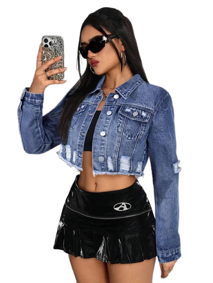 Valentina Cropped Denim Jacket with Stylish Distressed Details in Blue - Blue