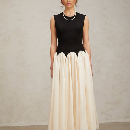 Valentina Black and Off-White Color-Blocked Maxi Dress with Boned Bodice and Puff Skirt