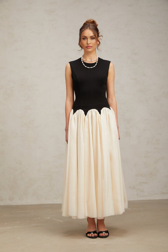 Valentina Black and Off-White Color-Blocked Maxi Dress with Boned Bodice and Puff Skirt