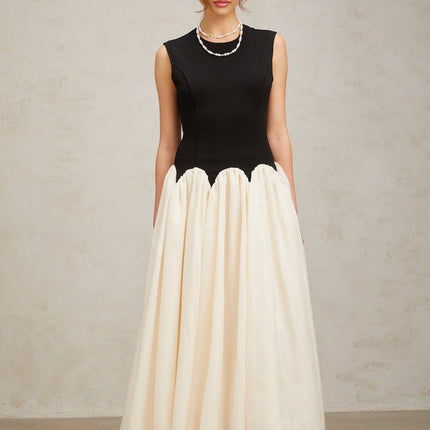 Valentina Black and Off-White Color-Blocked Maxi Dress with Boned Bodice and Puff Skirt