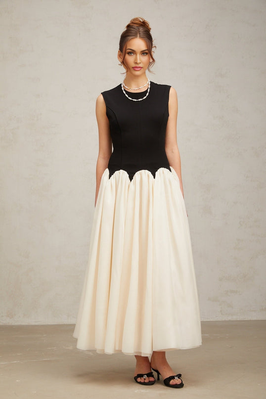 Valentina Black and Off-White Color-Blocked Maxi Dress with Boned Bodice and Puff Skirt
