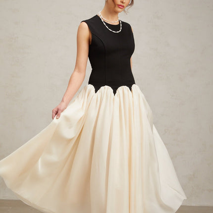 Valentina Black and Off-White Color-Blocked Maxi Dress with Boned Bodice and Puff Skirt