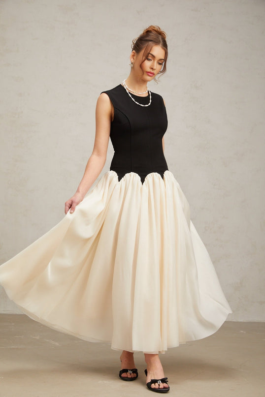 Valentina Black and Off-White Color-Blocked Maxi Dress with Boned Bodice and Puff Skirt