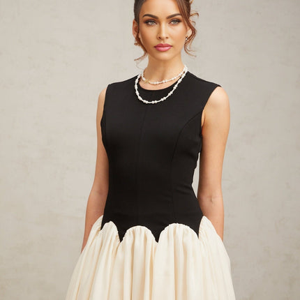 Valentina Black and Off-White Color-Blocked Maxi Dress with Boned Bodice and Puff Skirt