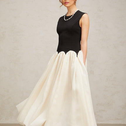 Valentina Black and Off-White Color-Blocked Maxi Dress with Boned Bodice and Puff Skirt