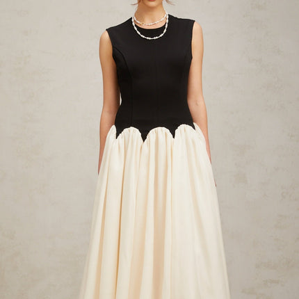 Valentina Black and Off-White Color-Blocked Maxi Dress with Boned Bodice and Puff Skirt