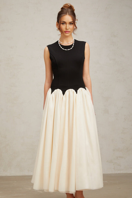 Valentina Black and Off-White Color-Blocked Maxi Dress with Boned Bodice and Puff Skirt