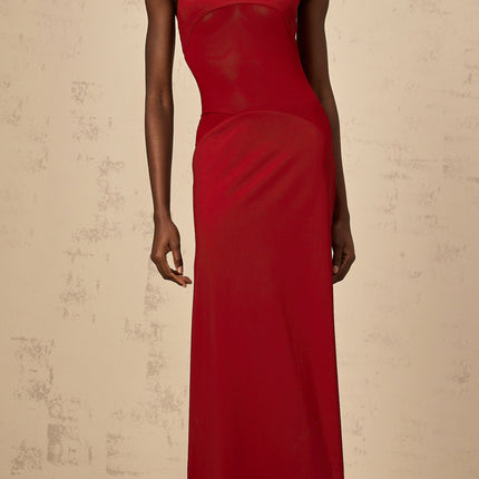 Valentina Red Maxi Dress Ancora Bodycon Fit Scoop Neck Sleeveless Silhouette Tulle Paneling