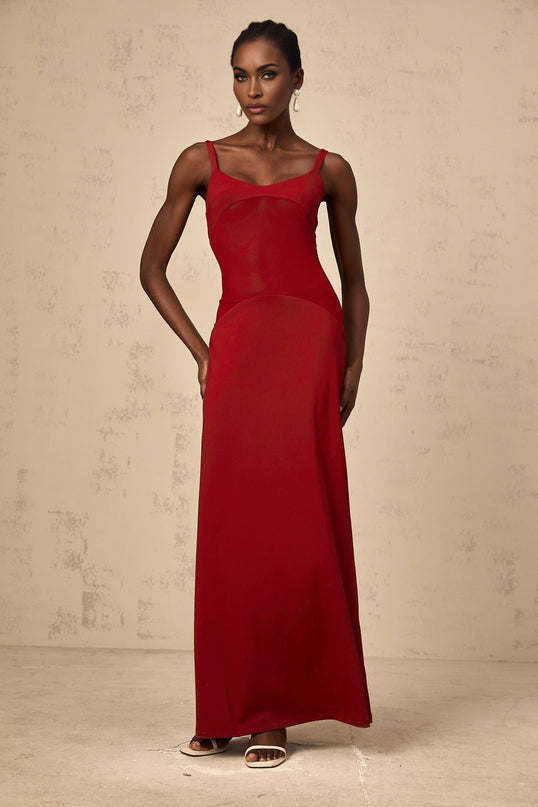 Valentina Red Maxi Dress Ancora Bodycon Fit Scoop Neck Sleeveless Silhouette