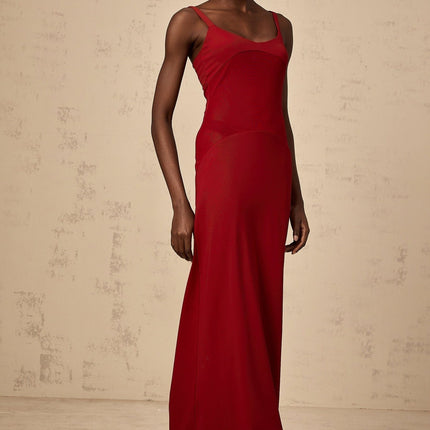 Valentina Red Maxi Dress in Ancora Semi-Sheer Tulle Paneling Bodycon Fit Scoop Neck Wide Straps Sleeveless Slip-On Style Luxurious Blend of Viscose and Elastane