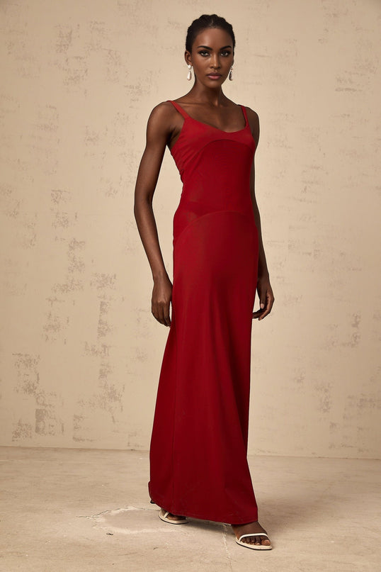 Valentina Red Maxi Dress in Ancora Semi-Sheer Tulle Paneling Bodycon Fit Scoop Neck Wide Straps Sleeveless Slip-On Style Luxurious Blend of Viscose and Elastane
