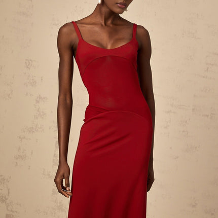 Valentina Red Maxi Dress Ancora Bodycon Fit Tulle Paneling Scoop Neck Wide Straps Sleeveless Silhouette Slip-On Style Maxi Length 97% Viscose 3% Elastane