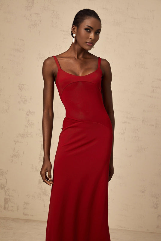 Valentina Red Maxi Dress Ancora Bodycon Fit Tulle Paneling Scoop Neck Wide Straps Sleeveless Silhouette Slip-On Style Maxi Length 97% Viscose 3% Elastane