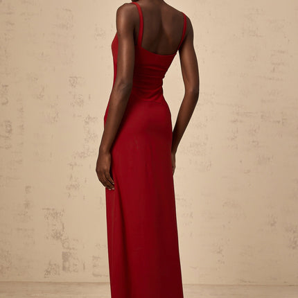 Valentina Red Maxi Dress in Ancora Semi-Sheer Tulle Paneling Bodycon Fit Scoop Neck Wide Straps Sleeveless Slip-On Style Luxurious Blend of Viscose and Elastane