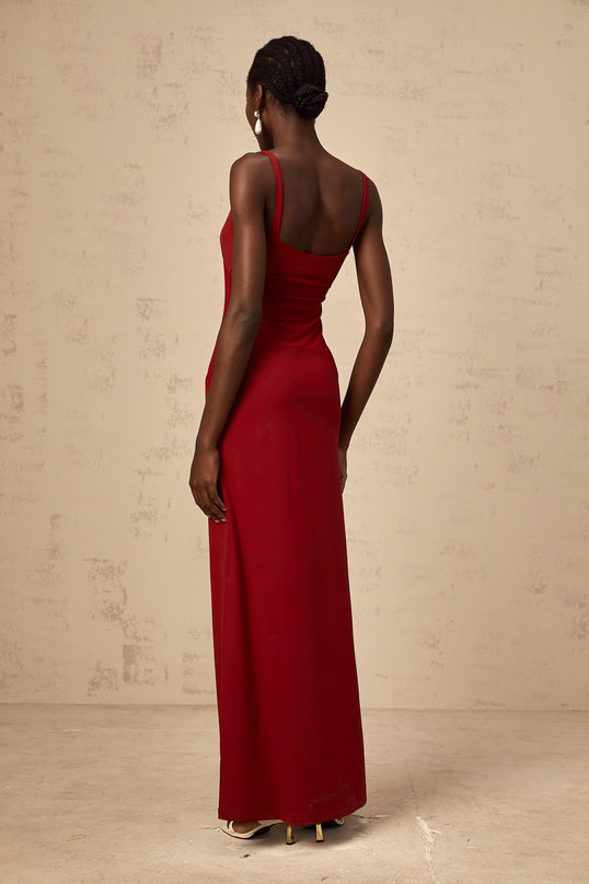 Valentina Red Maxi Dress in Ancora Semi-Sheer Tulle Paneling Bodycon Fit Scoop Neck Wide Straps Sleeveless Slip-On Style Luxurious Blend of Viscose and Elastane