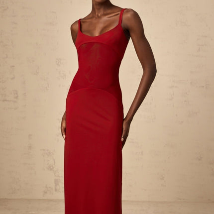 Valentina Red Maxi Dress Ancora Bodycon Tulle Paneling Scoop Neck Sleeveless Slip-On Style Viscose Elastane