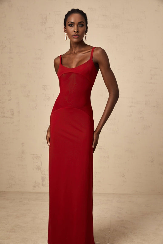 Valentina Red Maxi Dress Ancora Bodycon Tulle Paneling Scoop Neck Sleeveless Slip-On Style Viscose Elastane
