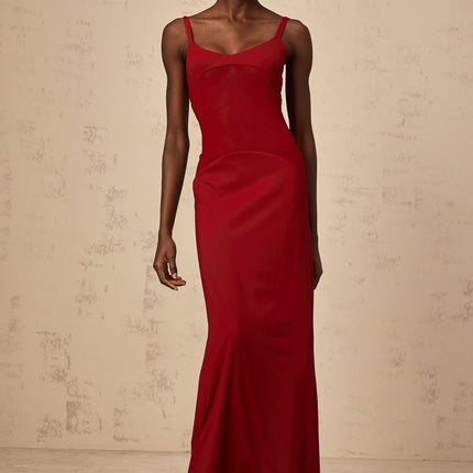 Valentina Red Maxi Dress Ancora Bodycon Fit Tulle Paneling Scoop Neck Sleeveless Silhouette