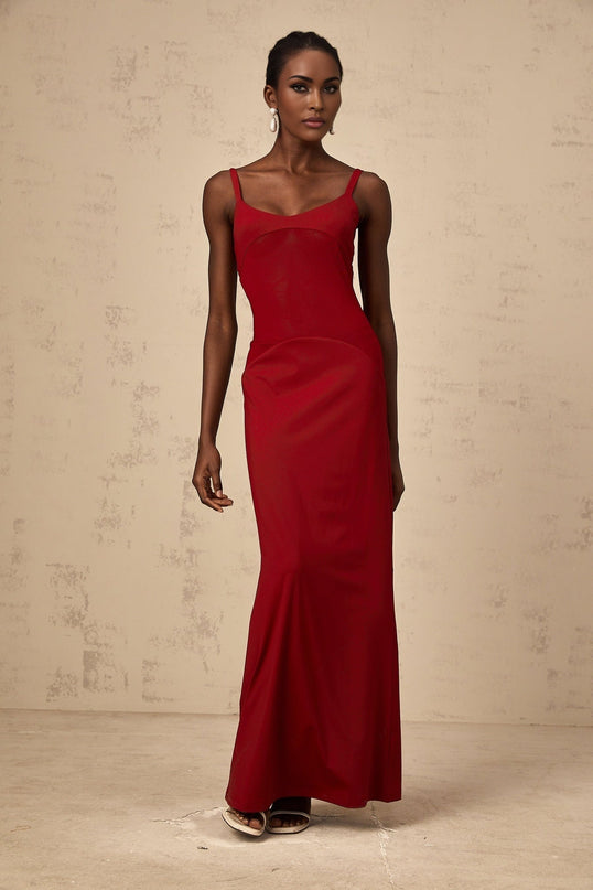 Valentina Red Maxi Dress Ancora Bodycon Fit Tulle Paneling Scoop Neck Sleeveless Silhouette