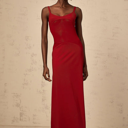 Valentina Red Maxi Dress in Ancora Semi-Sheer Tulle Paneling Bodycon Fit Scoop Neck Wide Straps Sleeveless Silhouette Slip-On Style Luxurious Blend of Viscose and Elastane