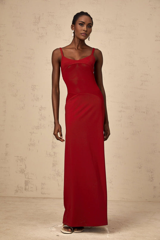 Valentina Red Maxi Dress in Ancora Semi-Sheer Tulle Paneling Bodycon Fit Scoop Neck Wide Straps Sleeveless Silhouette Slip-On Style Luxurious Blend of Viscose and Elastane