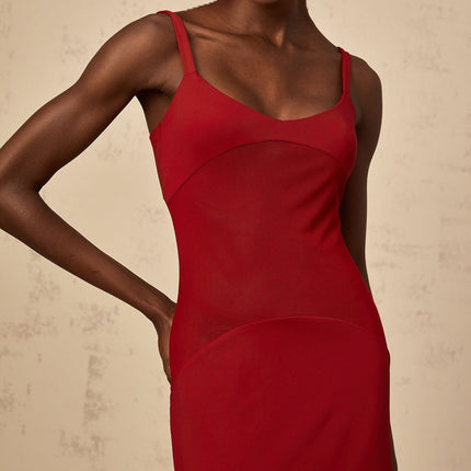 Valentina Red Maxi Dress in Ancora Semi-Sheer Tulle Paneling Scoop Neck Bodycon Fit Wide Straps Sleeveless Slip-On Style Luxurious Blend Viscose Elastane