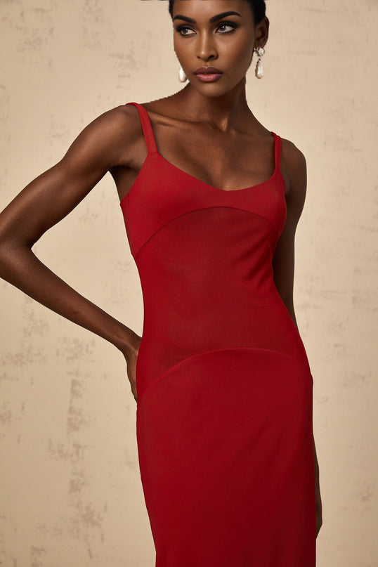 Valentina Red Maxi Dress in Ancora Semi-Sheer Tulle Paneling Scoop Neck Bodycon Fit Wide Straps Sleeveless Slip-On Style Luxurious Blend Viscose Elastane