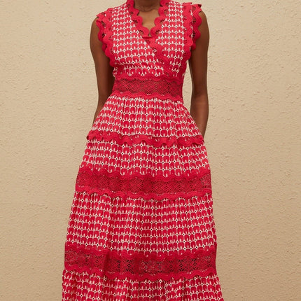 Valentina Red Maxi Dress in Opulent Cotton with Lace Paneling and V-Neck Detailing