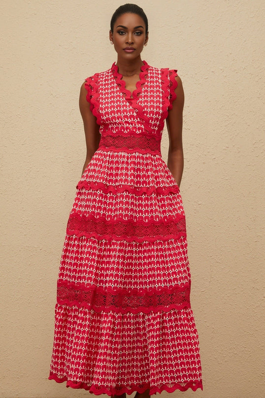 Valentina Red Maxi Dress in Opulent Cotton with Lace Paneling and V-Neck Detailing