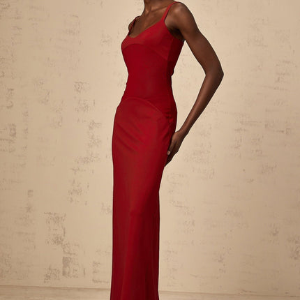 Valentina Red Maxi Dress with Semi-Sheer Tulle Paneling