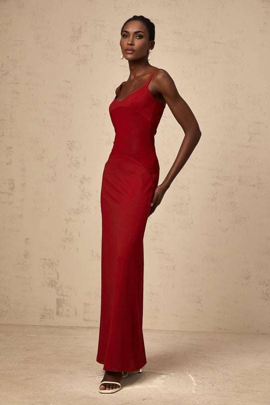 Valentina Red Maxi Dress with Semi-Sheer Tulle Paneling