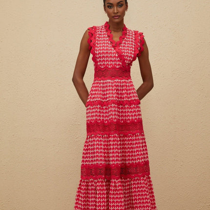 Valentina Red Maxi Dress V-Neck Lace Paneling Scalloped Trim Sleeveless Fitted Waistline Cut-Out Details Opulent Cotton Elegant Sophisticated Chic Romantic Layered Design Rear Zip Fastening Special Occasions Upscale Events