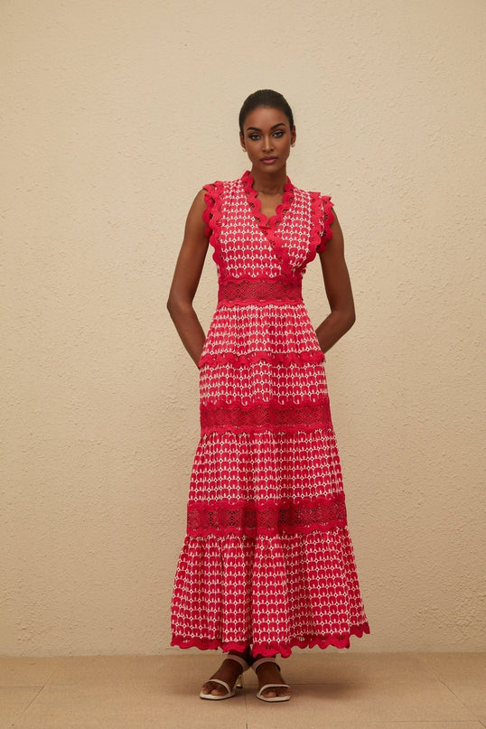 Valentina Red Maxi Dress V-Neck Lace Paneling Scalloped Trim Sleeveless Fitted Waistline Cut-Out Details Opulent Cotton Elegant Sophisticated Chic Romantic Layered Design Rear Zip Fastening Special Occasions Upscale Events