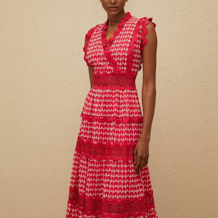 Valentina Red Maxi Dress with Lace Paneling and Cut-Out Details