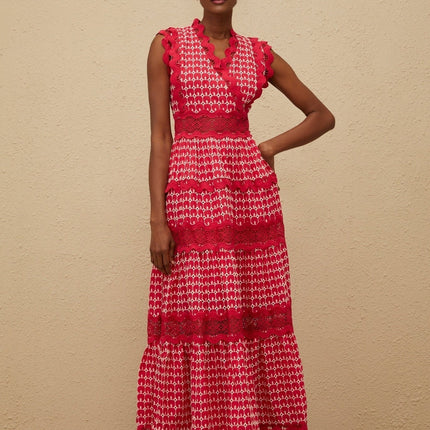 Valentina Red Maxi Dress 100% Cotton Sleeveless V-Neck Fitted Waist Lace Paneling Cut-Out Details Layered Scalloped Trim Rear Zip Fastening Special Occasions