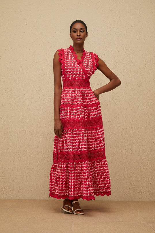 Valentina Red Maxi Dress 100% Cotton Sleeveless V-Neck Fitted Waist Lace Paneling Cut-Out Details Layered Scalloped Trim Rear Zip Fastening Special Occasions