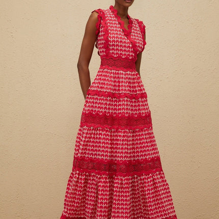 Valentina Red Maxi Dress in Opulent Cotton with Lace Paneling and Cut-Out Details