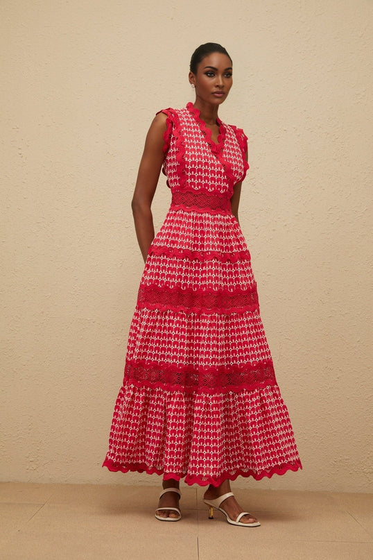 Valentina Red Maxi Dress in Opulent Cotton with Lace Paneling and Cut-Out Details