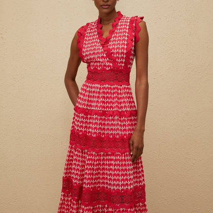Valentina Red Maxi Dress Luxury Opulent Cotton Lace Paneling Scalloped Trim Special Occasions