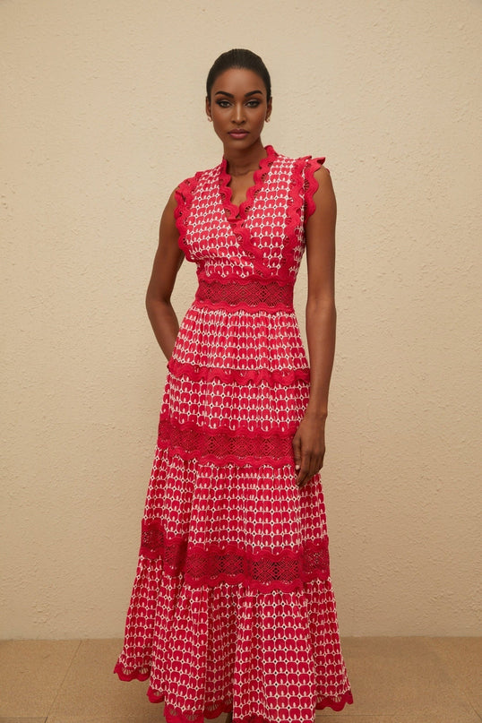 Valentina Red Maxi Dress Luxury Opulent Cotton Lace Paneling Scalloped Trim Special Occasions
