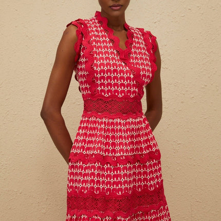 Valentina Red Maxi Dress 100% Cotton Sleeveless V-Neck Lace Paneling Cut-Out Details Fitted Waistline Layered Design Scalloped Trim Rear Zip Fastening Special Occasions Elegance Sophistication Charm