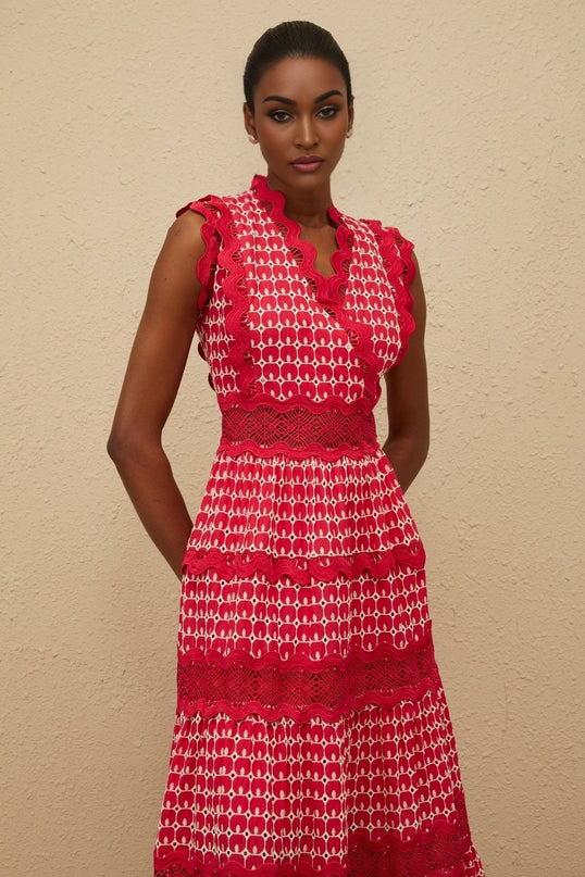 Valentina Red Maxi Dress 100% Cotton Sleeveless V-Neck Lace Paneling Cut-Out Details Fitted Waistline Layered Design Scalloped Trim Rear Zip Fastening Special Occasions Elegance Sophistication Charm