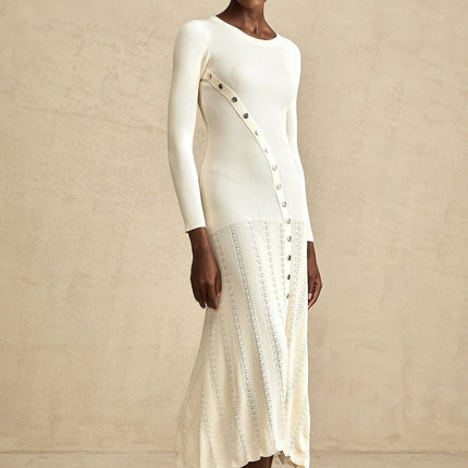 Valentina Round Neck Long Sleeve Midi Dress in Neutrals