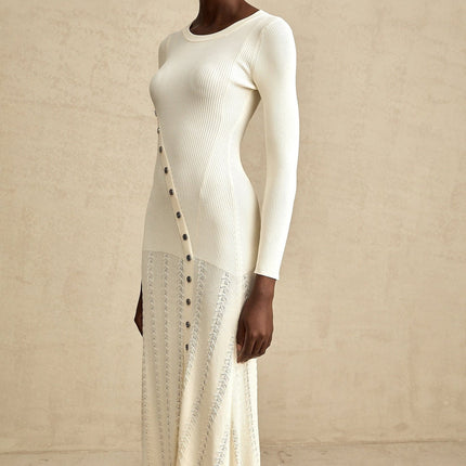 Valentina Round Neck Long Sleeve Midi Dress in Neutrals