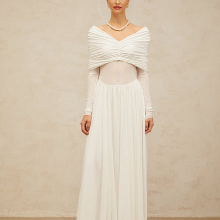 Valentina White Maxi Dress with V-neck and ruched detailing