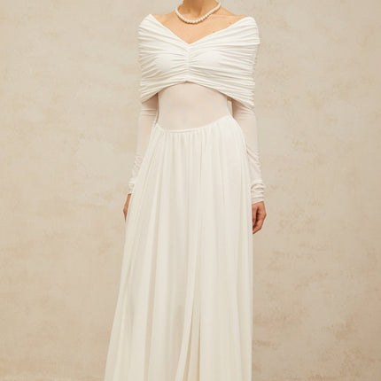 Valentina White Maxi Dress V-neck Long Sleeve Ruched Detailing Pleated Skirt Rear Zip Fastening Terylene Spandex Blend Elegant Charm Graceful Sophisticated Glamour Statement